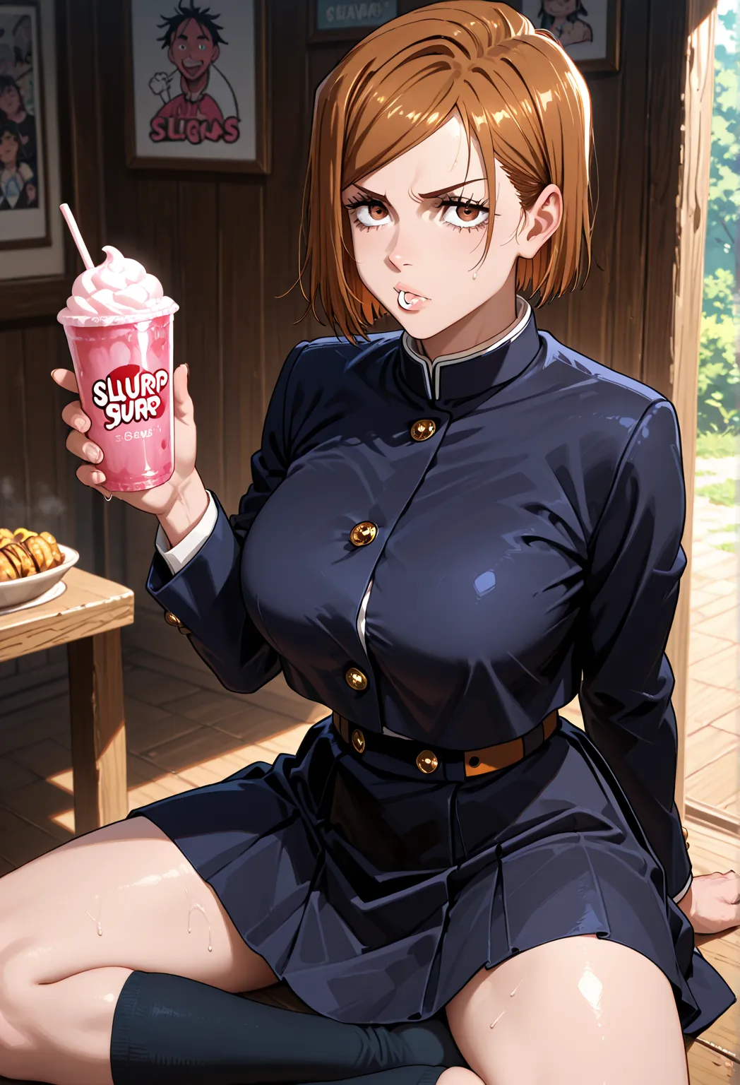 big breasts、Kugisaki No Bara school uniform,  black jacket, mangas largas, black skirt, socks、
{single cabin}, {so beautiful}, {slurp}, {best illustrations},