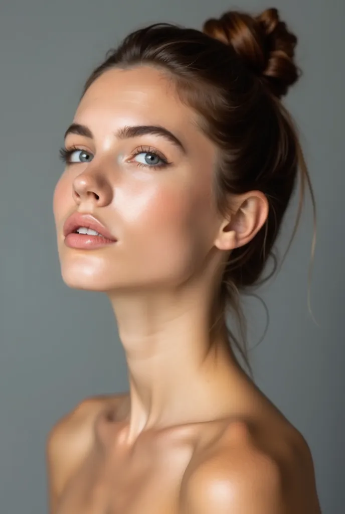 A young woman, fair skinned, lightly tanned, 25-30 years old, with a clear, smooth and flawless complexion, smooth, glossy skin texture and a defined jawline. She is shown from the mid-chest up, in profile, with her head tilted slightly upwards. Her gaze i...