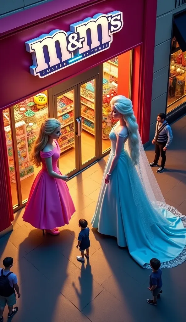 A cinematic birds-eye view of Giant Elsa and Giant Barbie standing outside M&M’s World, facing each other mischievously. Elsa is on the right, wearing a long, elegant light blue gown with a flowing cape and matching shoes. Barbie is on the left, dressed in...