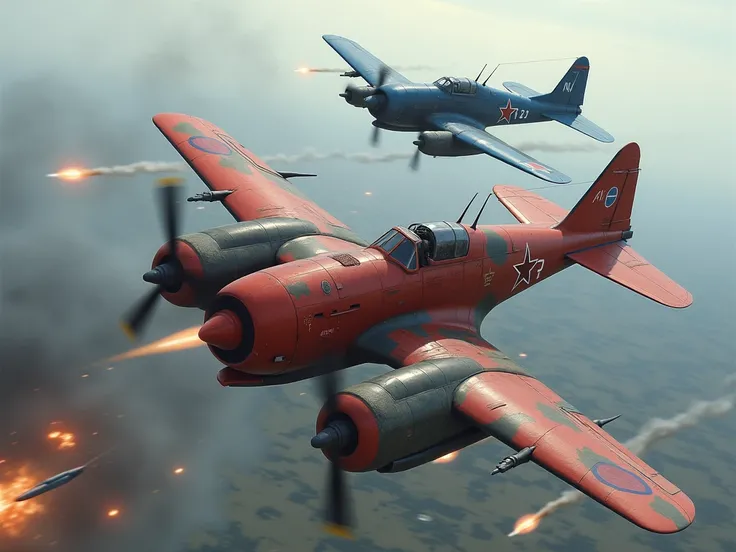 a red il-2 aircraft is flying behind a blue il-2 and firing.