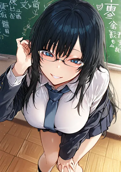  Solo, girl,long left bang,eyes cover with bangs,black hair, school outfit, white stokings,coffe eyes, kind gaze, smile, Big saggy breast, perfect legs,hd, score 9, másterpiece, bangss, mechón de pelo, ,details, hd,8k, perfect, absurd, magnific,mid thights...