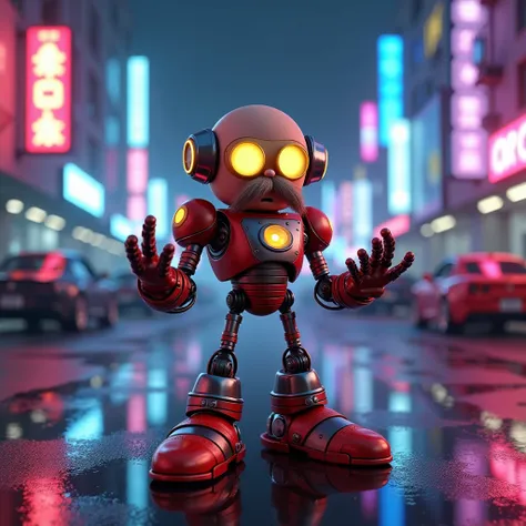 Create a Disney Pixar-style 3D image of Doctor Eggman (from Sonic) as a cyborg in a cyberpunk parking lot environment. Eggman’s body should be entirely robotic, with sleek metallic plating in shades of red and silver, glowing neon joints (mainly in soft or...