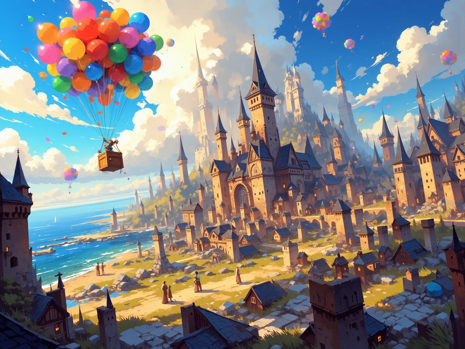 (masterpiece, highest quality, amazingly detailed, absurd, fantasy art, bird's eye view), A  is attaching balloons to a miniature city and floating it in the sky