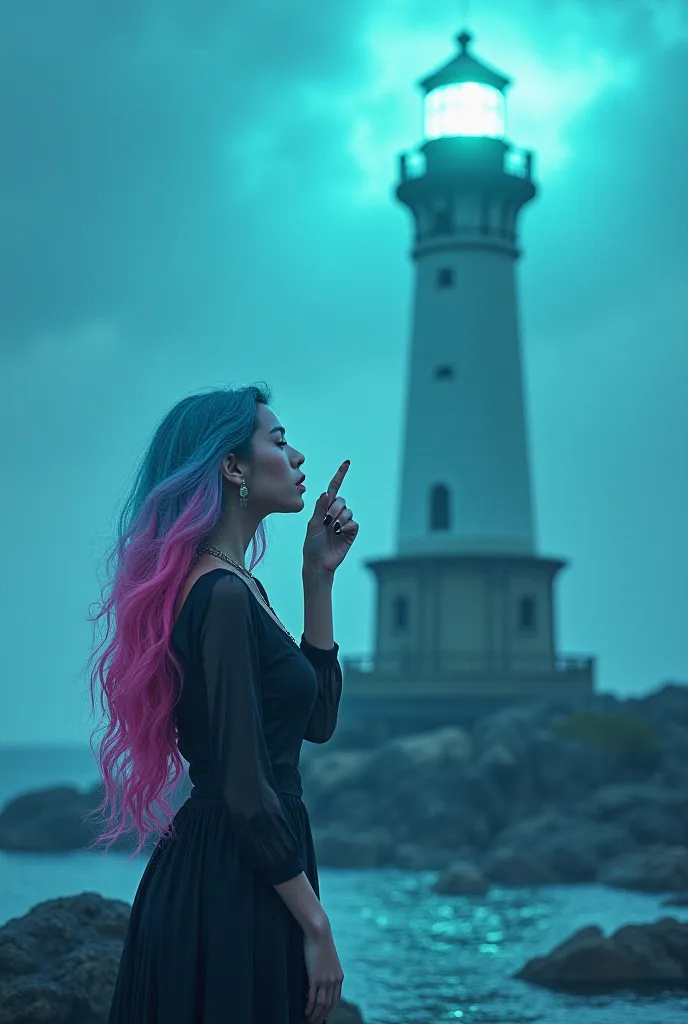 A lighthouse with turquoise glows a woman with pink blue hair looks longingly at the lighthouse sends a hand kiss
