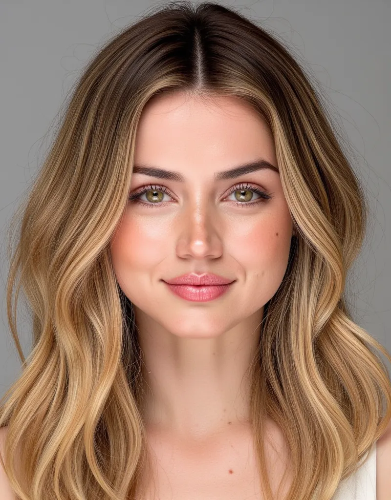 A woman, American, Age 25,  pale skin and freckles, gray-eyed, delicate nose,  soft and delicate lips , removed, removed, wavy,  hip-length blond hair , cute smile, face with delicate feminine features , High rendering quality  