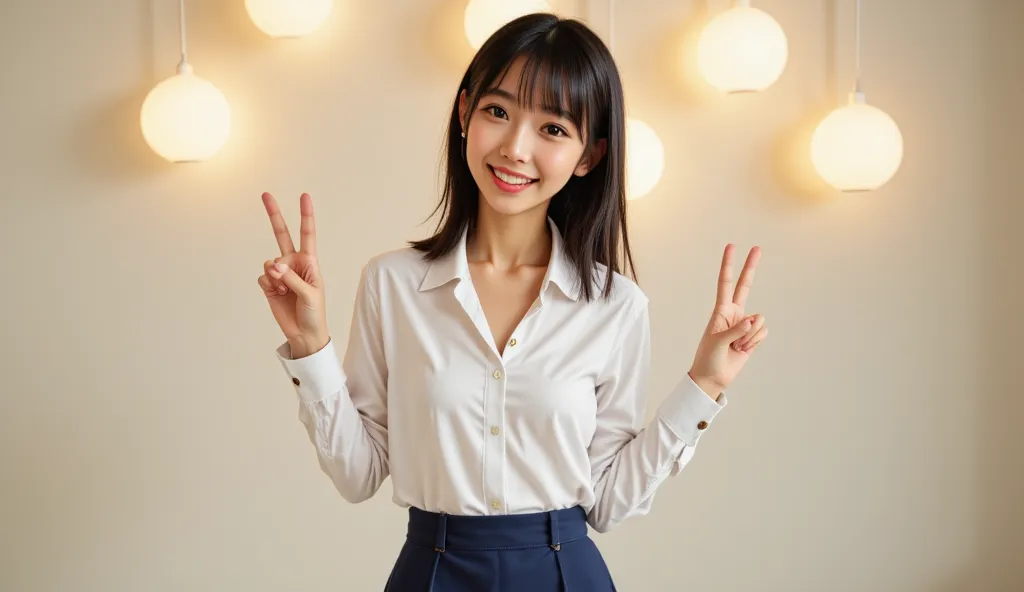 cute woman sitting wide、white shirt、 navy tight skirt 、double peace sign、 black hair、high quality Japanese woman、 Marunouchi OL、First-year working student、 laugh、LOL、happy expression、 full body image、4K Digital Photography、are professional、Extremely fine t...