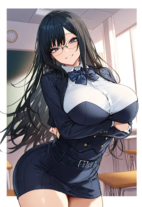  Solo, girl,long left bang,eyes cover with bangs,black hair, school outfit, white stokings,coffe eyes, kind gaze, smile, Big saggy breast, perfect legs,hd, score 9, másterpiece, bangss, mechón de pelo, ,details, hd,8k, perfect, absurd, magnific,mid thights...