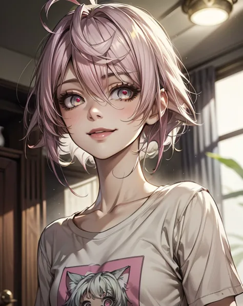 ((best quality)), ((masterpiece)), (detailed), perfect face. White hair. Short hair. Inner pink hair. Anime girl. Pink eyes. Glowing eyes. Nekomimi. T-shirt. Smiling. Close up.