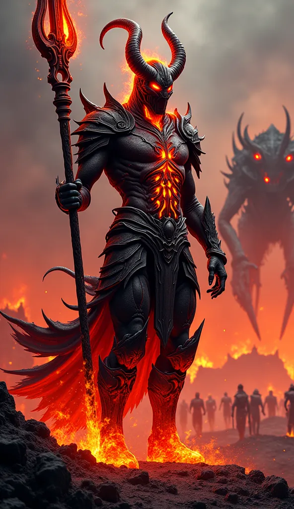 A fearsome dark warlord clad in molten obsidian armor, his body infused with fiery veins of lava. His helmet is adorned with jagged demonic horns, glowing infernal runes engraved across his chest. Holding a massive flame-forged staff, he stands amidst a sc...