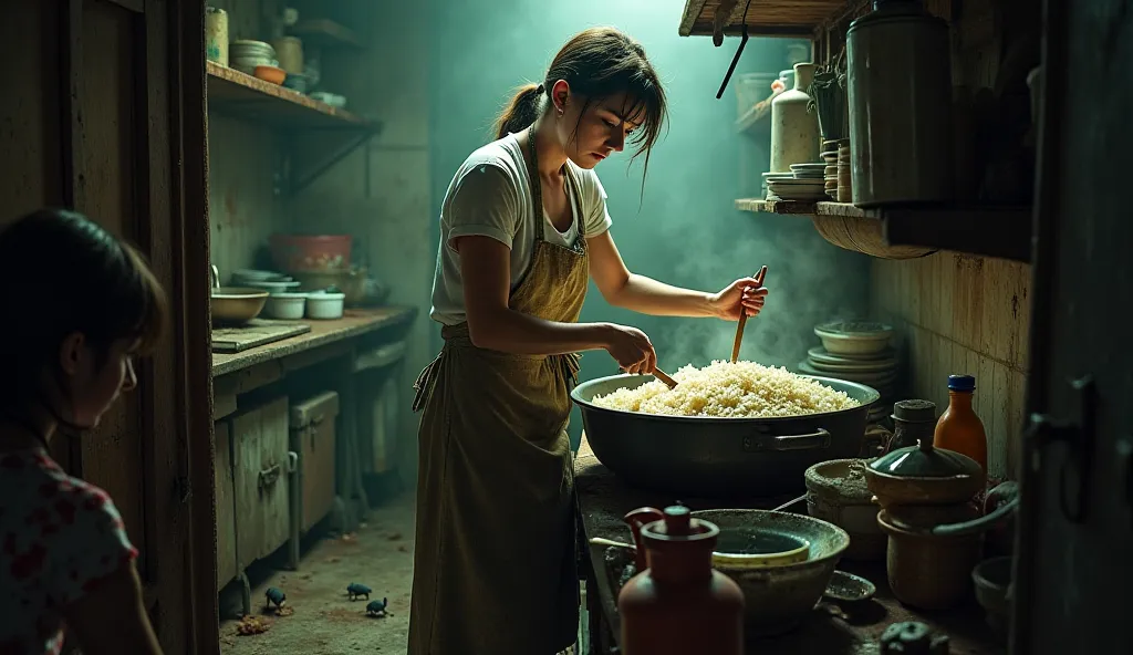 A dimly lit, grimy restaurant kitchen filled with dirty dishes, rotting food, and rats scurrying across the floor. In the center, a sinister-looking woman with unkempt hair and a filthy apron stirs a massive pot of rice with a wooden spoon. Her expression ...