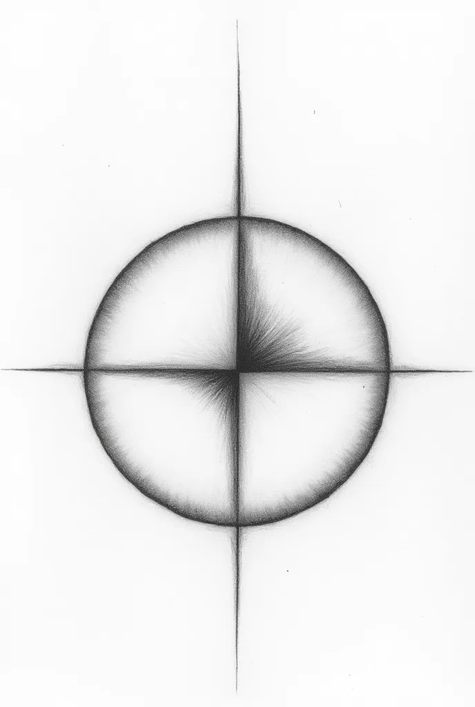 Draw me a symbol that is a circle with a split ray in half in pencil and a white background that a present appears on one side of that circle and on the other side it looks like a past, draw a symbol for me that is round in pencil, as I told you, with a ra...