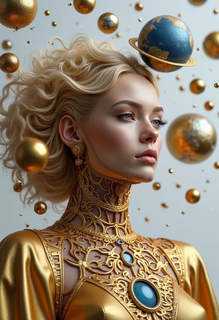 a highly detailed and intricate 3D portrait of a person, golden color, surrounded by many orbiting planets with complex planetary decorations, studio lighting, white background，Simple and clean，Light and Shadow，