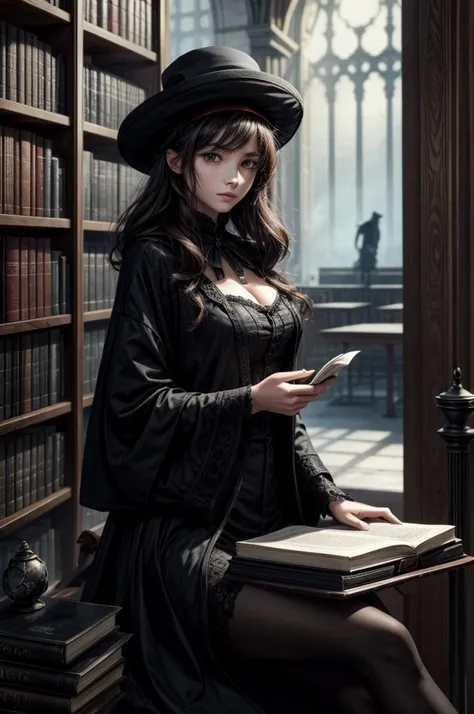 Un chat assis sur une pile de livres dans une bibliothèque de sorciers, portant un chapeau de sorcier noir, style anime, atmosphère magique et confortable