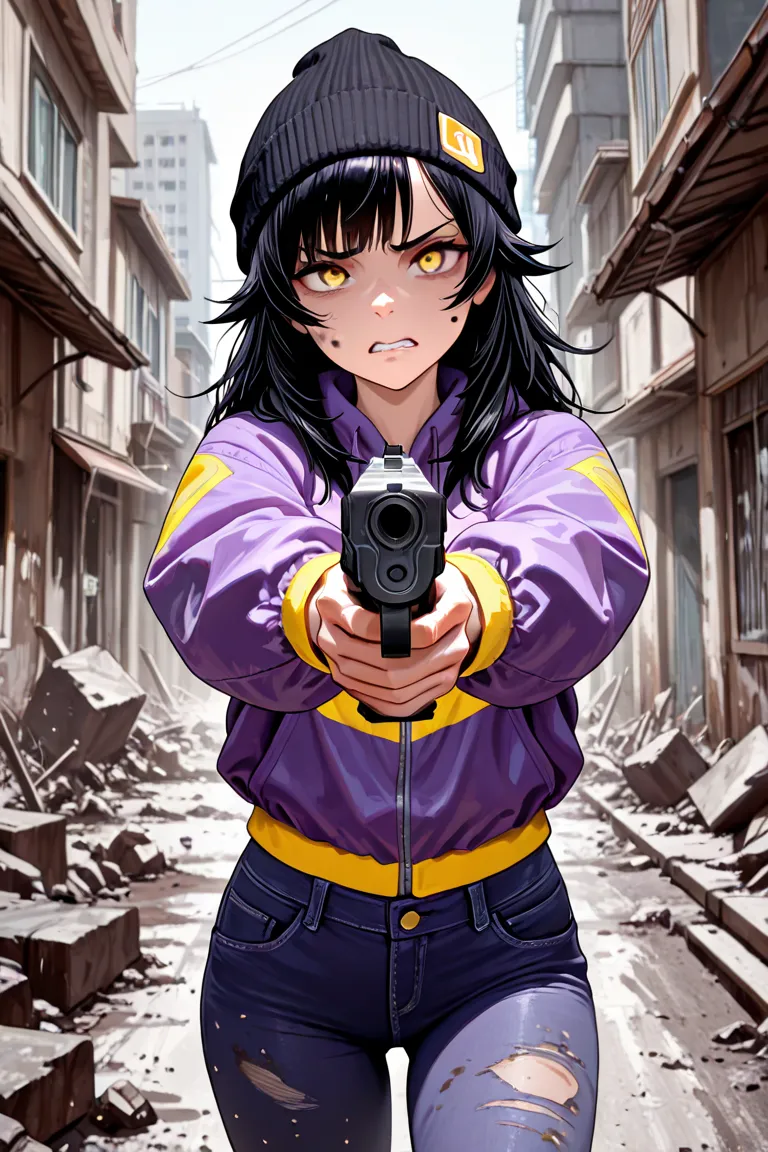 1girl, young adult girl, short black hair, spiky hair, yellow eyes, sadistic expression, slim body, tall stature, attack, holding handgun, wearing purple jacket, tight caqui jeans, black wool cap, dirty city, absurdres, high resolution, ultrasharp, 8k, mas...