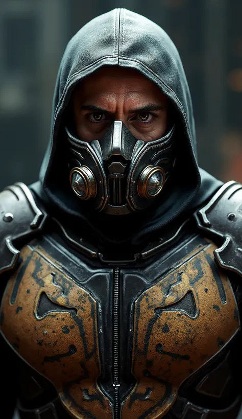 Super realistic ROBERT DOWNEY JR as Kabal, focused on the upper body, with a shiny metallic outfit and impactful details, and a striking background: "Hyper-realistic Close-up of ROBERT DOWN as Kabal, the ruthless sprinter and former member of the Black Dra...