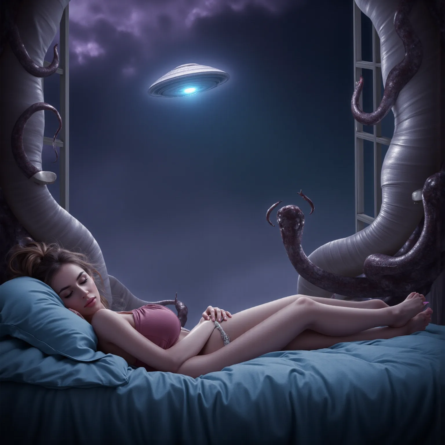 Gorgeous woman asleep in bed in slutty loose pajamas, a ufo is outside her window, a deadly man eating tentacle beast is sliming its way into her open window