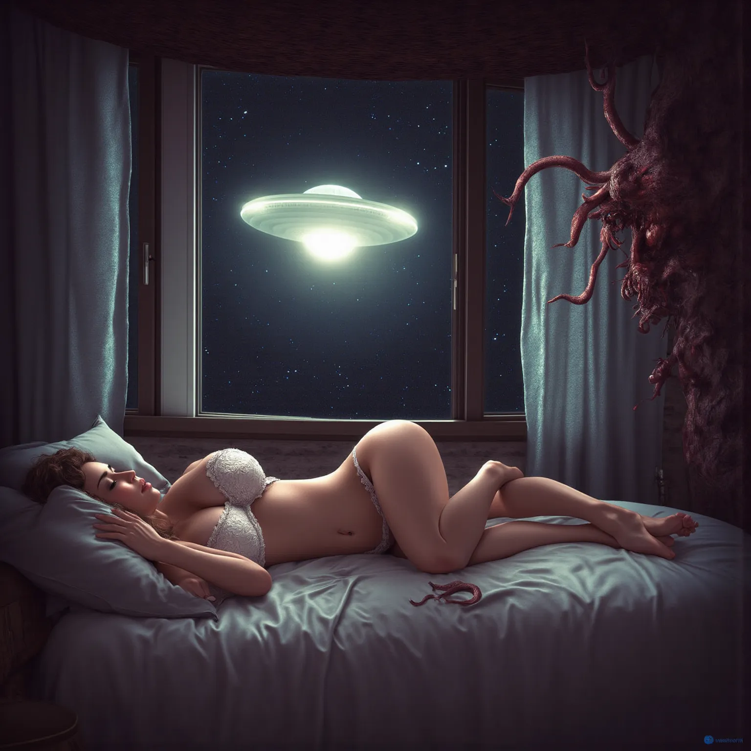 Gorgeous woman asleep in bed in slutty loose pajamas, a ufo is outside her window, a deadly man eating tentacle beast is sliming its way into her open window