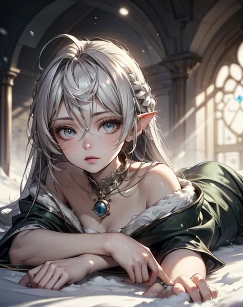 atmospheric perspective, depth of field, cinematic lighting, sparkle, f/2.8, 135mm, UHD, retina, high details, high quality, highres, best quality, 4K、snow、Silver Hair、１People Girls、Please depict the image as white and pale overall.,((Snow Fairy)),((lie do...