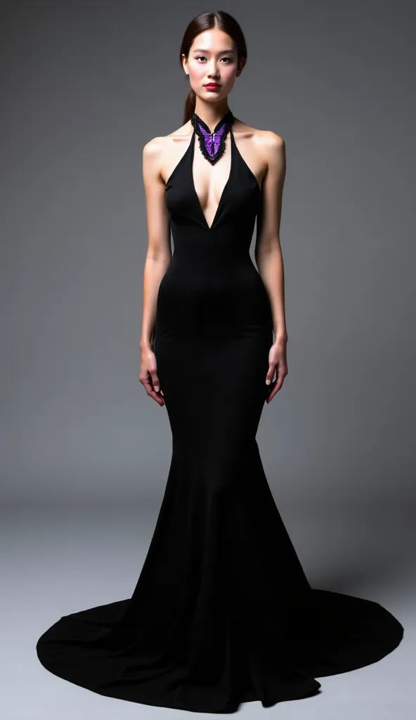 The image presents a full-body view of a poised model wearing an exquisite black halter-neck gown that elegantly drapes down to the floor. The gown’s mermaid silhouette is designed to hug the model’s figure before flaring subtly at the bottom, emphasizing ...