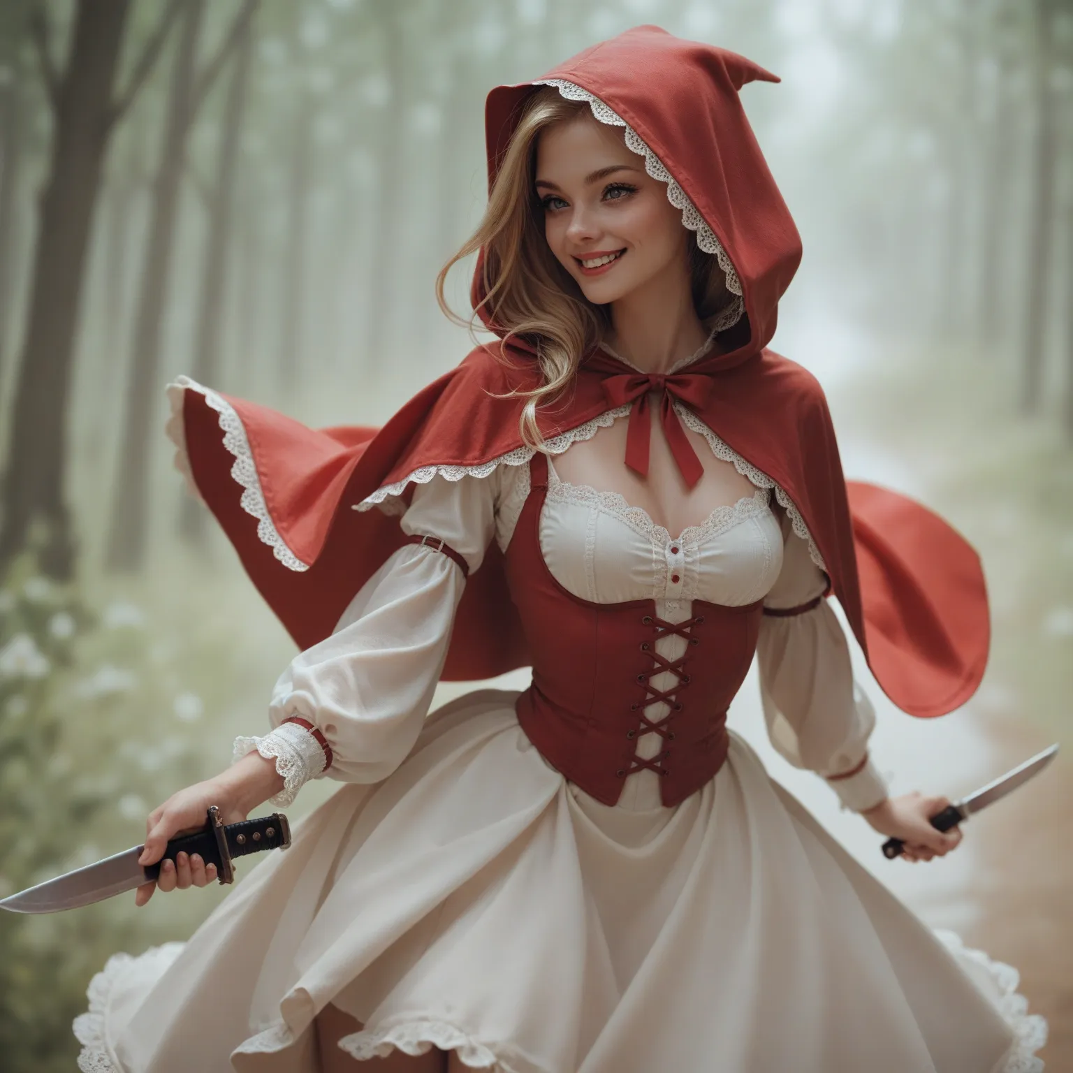 a beautiful , dressed in Little Red Riding Hood , holding a knife and a maniacal smile 