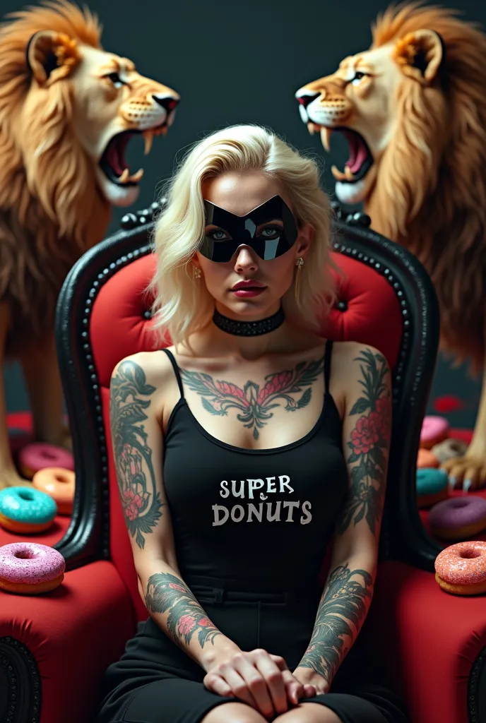 femme cheveux blonde portant un masque noir  ,tatouée sur le haut des bras assise dans un fauteuil de reine et des donuts de toutes les couleurs elle porte un haut noir ouc est inscrit " Super Donut's " la femme a les  jambes croises  et en arriére plan il...