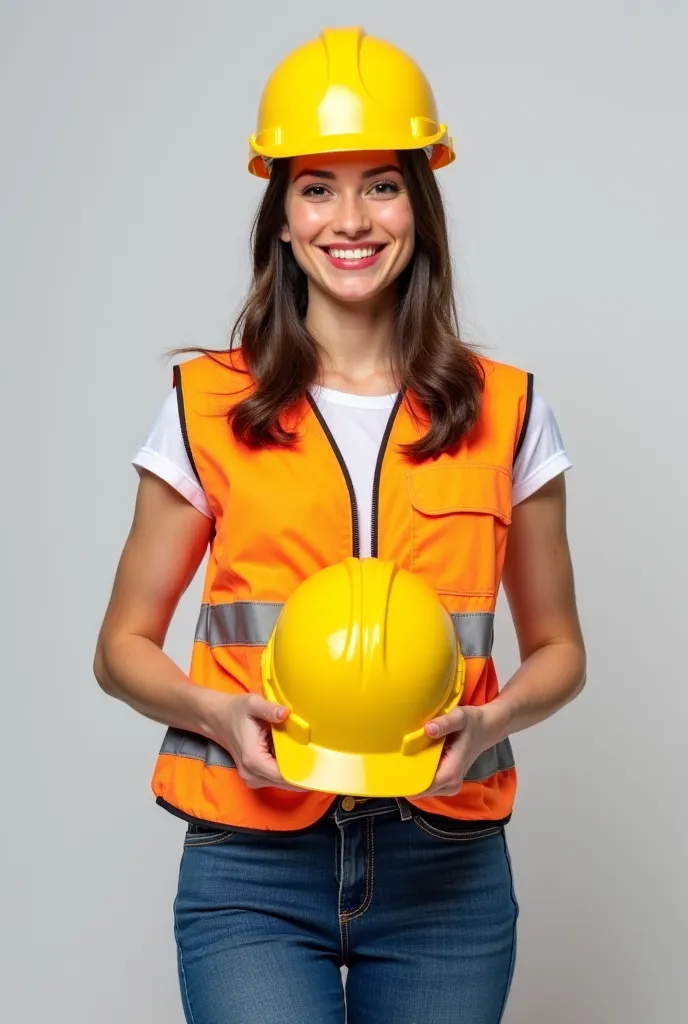 Generate for me an image of a woman standing still in an 8 (figure) holding a yellow civil engineering helmet. Le figure 8 c'est pour faire allusion au 8 mars qui est là journée internationale de la femme. She will have to wear, a construction vest and wom...