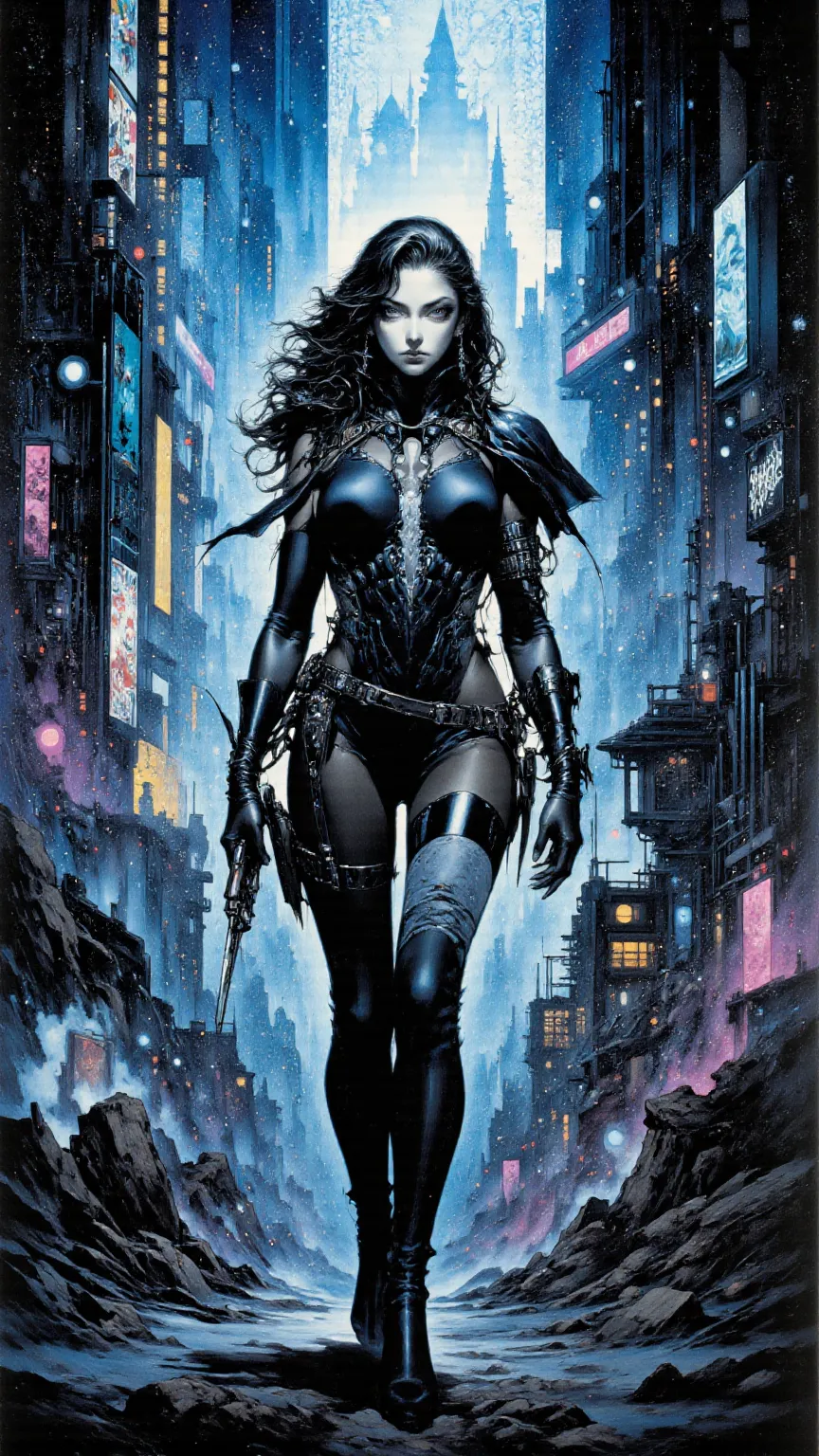 full body, Cyberpunk women，fear ，sci-fi，future，armor，Sexy，long golden hair，Wayne Reynolds draws，in a highly detailed and dynamic style, 