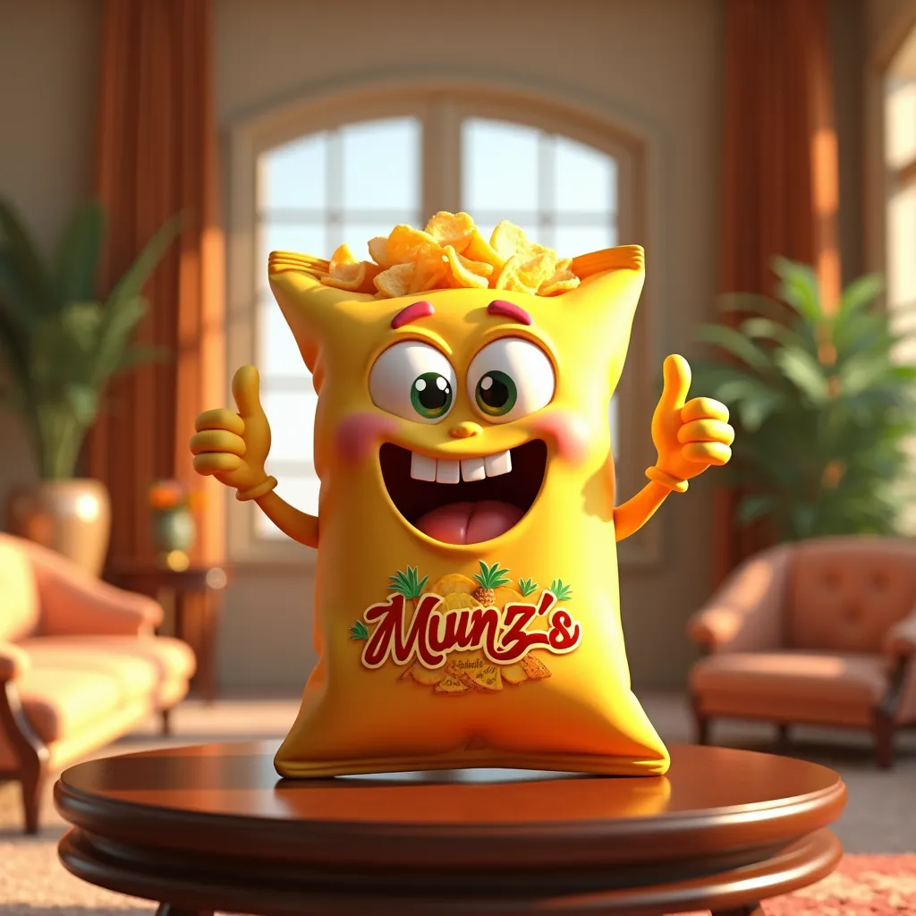 Create a 3D cartoon pouch shape and character of the Potato chips mixed pineapple, branded "Munz's" "potato mixed fruits". It has hands spread out with thump up, is placed on the table with the light shining on it to make it stand out.  Surrounding area is...