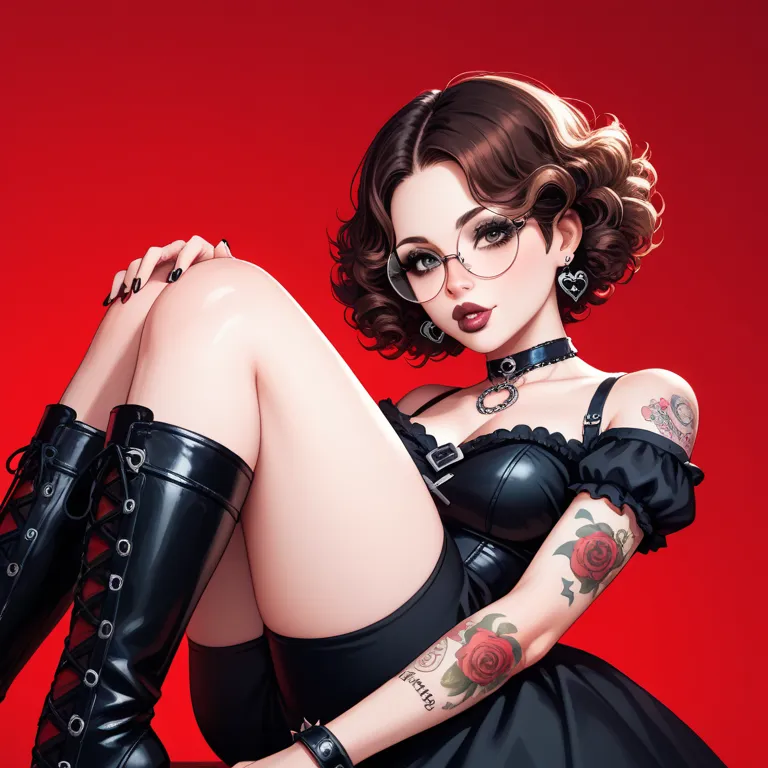 A beautiful female woman,short curly brown hair, big brown eyes,  soft full lips , white skin, has medium breasts ,well-shaped hips, Long and Beautiful Legs,Wear a very erotic and sensual Gothic dress attached to the body,Erotic Gothic neckline attached to...