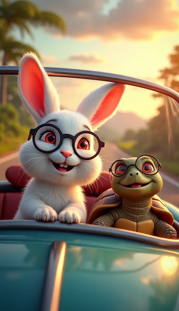 "A white rabbit with red eyes, looking extremely cute, is wearing stylish round glasses while driving a car. The wind is blowing through its soft fur, and its ears are slightly lifted by the breeze. The rabbit has a joyful and carefree expression, truly en...