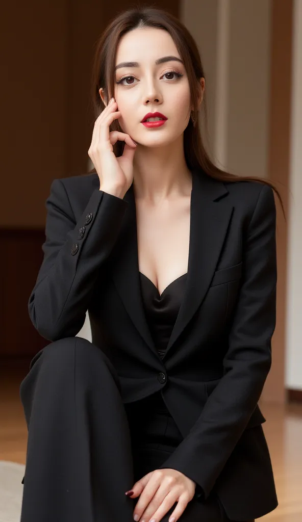 a woman,  sits front facing, full body view, using a tight blazer in black, long formal pants in black color , red lips, big boobs