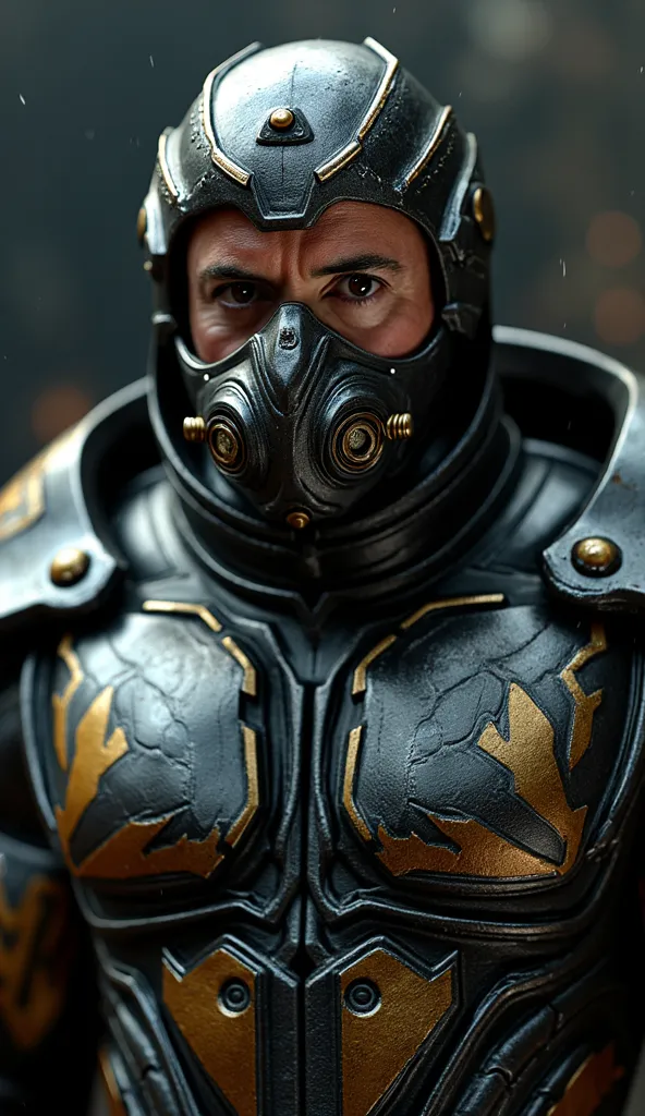 Super realistic ROBERT DOWNEY JR as Kabal, focused on the upper body, with a shiny metallic outfit and impactful details, and a striking background: "Hyper-realistic Close-up of ROBERT DOWN as Kabal, the ruthless sprinter and former member of the Black Dra...