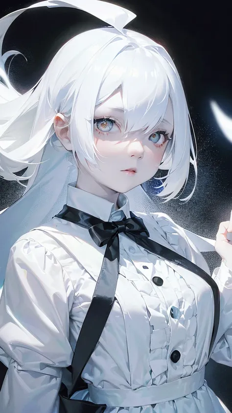 (((white black:1.3)))、((( 1 Albino Girl 、cute face、cute girls))), ,((( White eyes :1.3)))、white dress、((white shirt:1.3、White Block Dress)), tyndall phenomenon, realistic, Shadow Studio ,Ultramarine、illumination, デュアルトーンillumination, (detailed skin: 1.2)、薄...