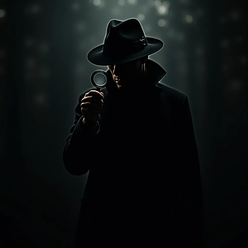 A mysterious brunette detective with a magnifying glass stands out in the dark, his silhouette is elegantly outlined by the light that falls on his body, revealing only contours and mysteries.