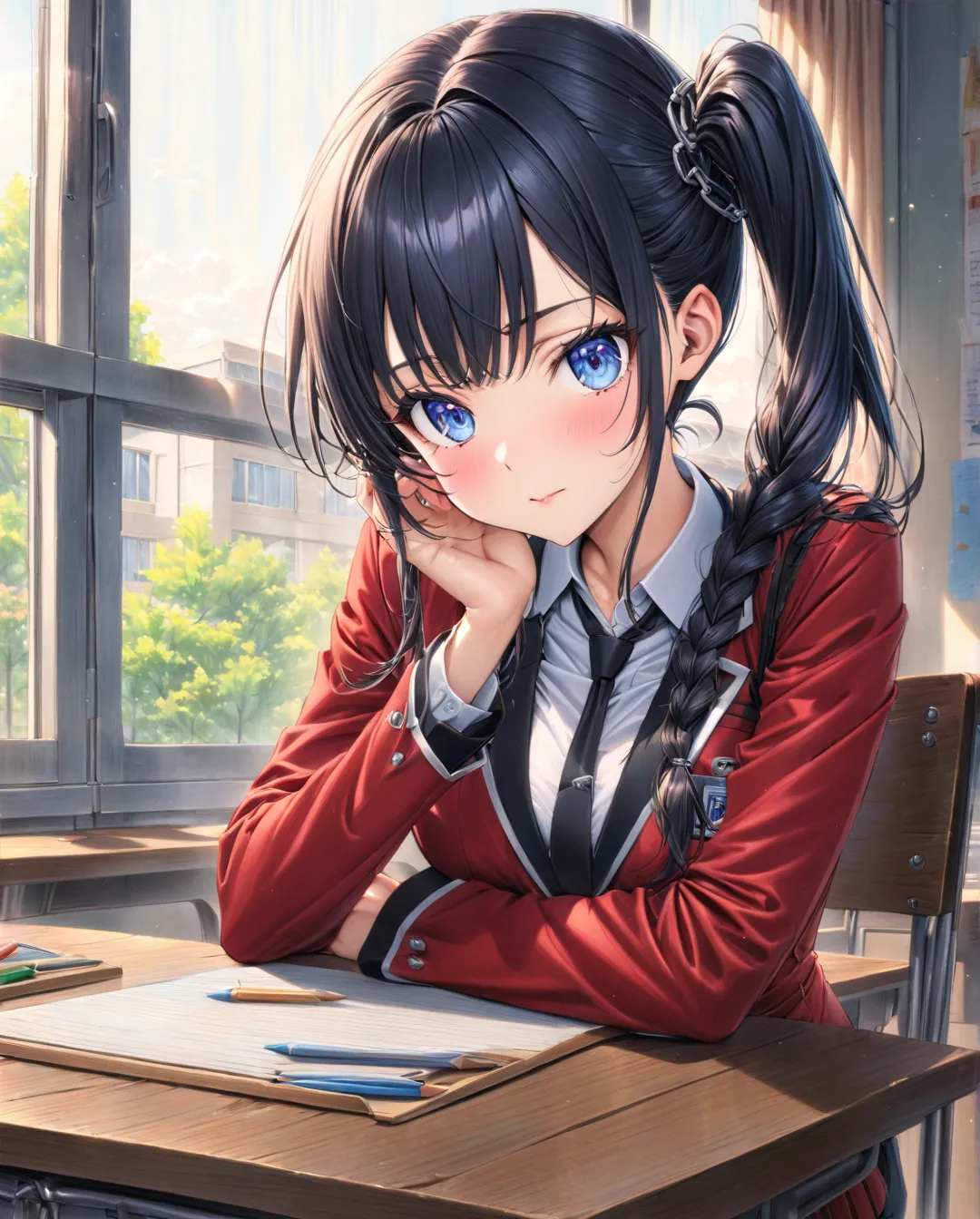 ((Style: Colored pencils, bright colors)), ( Masterpiece: 1.2), (Super detailed, highest quality), "An anime-style high school girl with deep navy or dark blue hair, styled in a side ponytail with a braided section. Her bangs are cut diagonally, softly fra...