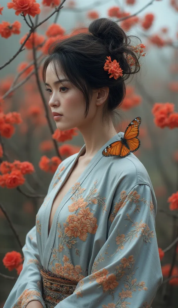 Asian woman, age, wearing a flowing,  light-gray, silk kimono decorated with intricate patterns of dark-blue and pale-orange flowers, delicate embroidery, and subtle shimmering details,  posing in profile view,  with a large, vibrant orange and black butte...