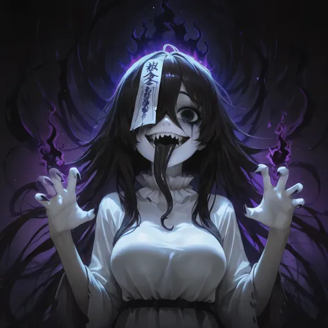 (ultra detailed), (masterpiece), (best quality), (depth of field), (sharp focus), (cinematic lighting), (vibrant white), 1, crazy smile, fangs, tongue out, deep eyes, japanese style, long black tongue, (long tongue), cursed image, yokai girl, pale hands, (...