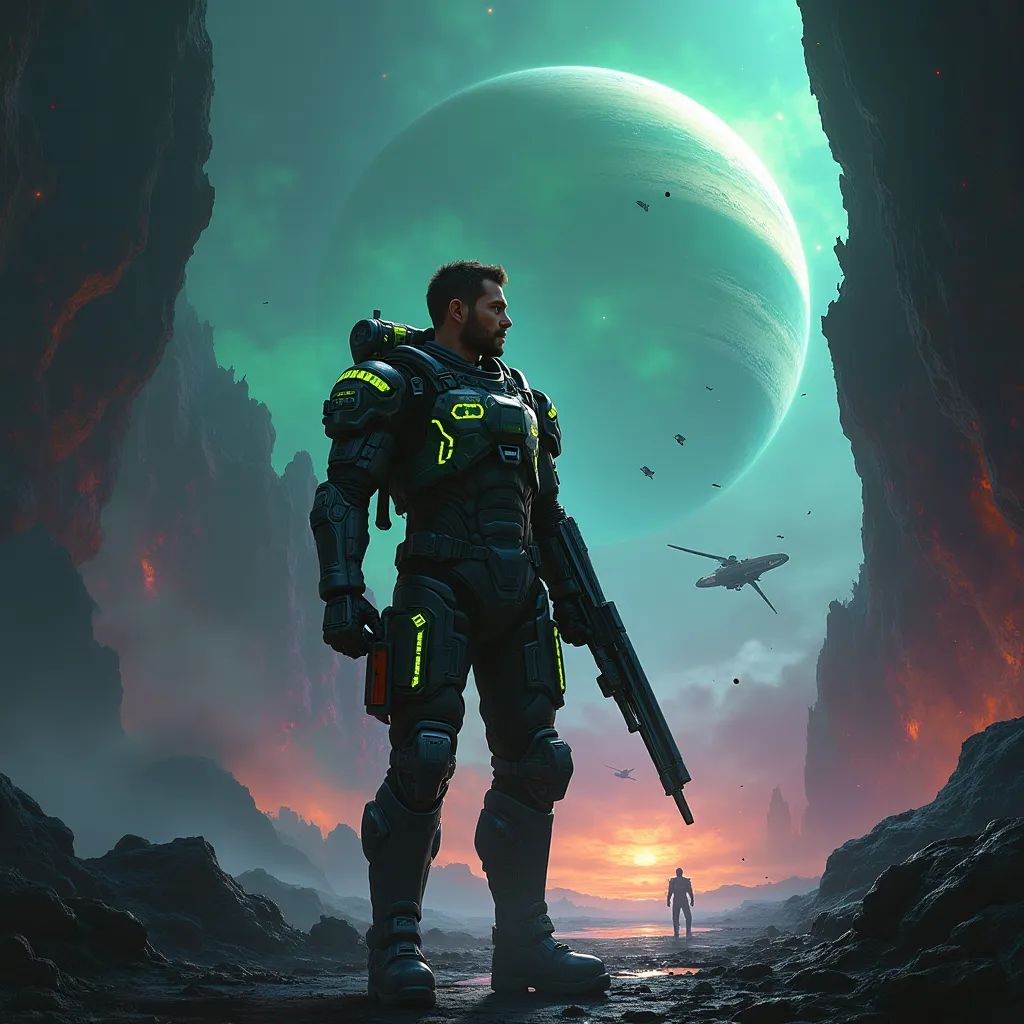 "Create a stunning book cover for a sci-fi novel titled 'Hero of Earth' by Alexey Gubarev. The scene depicts a rugged, determined male protagonist, a former sapper turned space adventurer, standing in a futuristic spacesuit with glowing accents. He holds a...