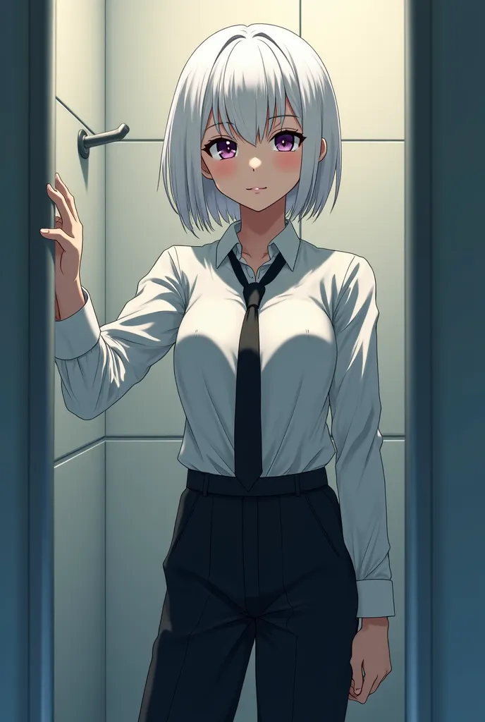 In a bathroom. Anime Girl with an . Take off her white shirt with tie. On ground is black jacket. She wearing black long or oversized pants. She staring at us with rage cuz we stalking her. And she have white hair