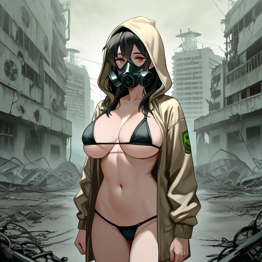  Anime girl, высокое качество, high detail, with big boobs in a micro bra, as a stalker,  in a gas mask, in a beige hooded jacket for the naked body, post-apocalypse, Chernobyl, radiation,  next to a shepherd dog 
