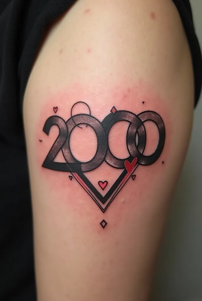 An aesthetically pleasing tattoo design of the number ‘2000’, with the 0 look like hearts.