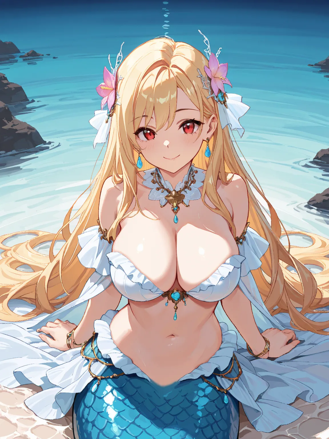 8k,masterpiece, best quality, ultra detailed, high resolution, super fine illustration, extremely detailed CG, intricate, professional quality, cowboy shot,looking at viewer, 1girl, solo, smile,gal, mermaid,red eyes, blonde hair, very long hair, large brea...