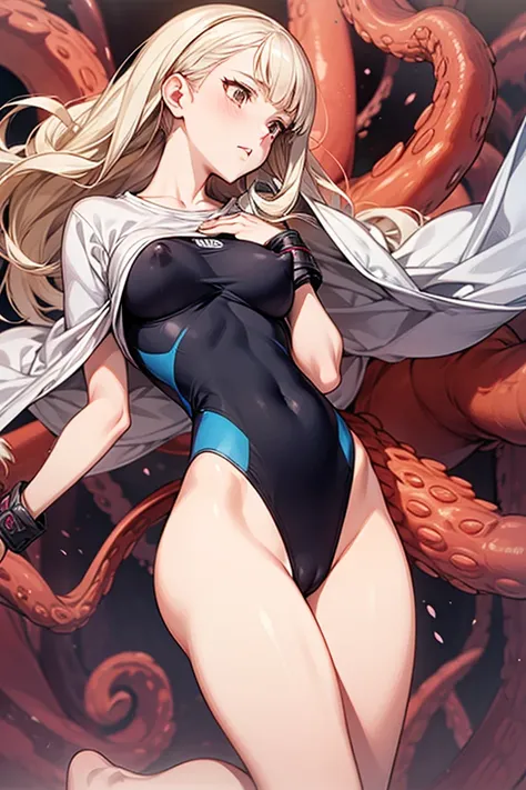 　pinch my overstretched mega long gigant nipples　Noelle Silva from black clover　　 Very Tight Swimsuit 　　low angle　Denma BDSM stand on tiptoe　The tentacles cut into the crotch