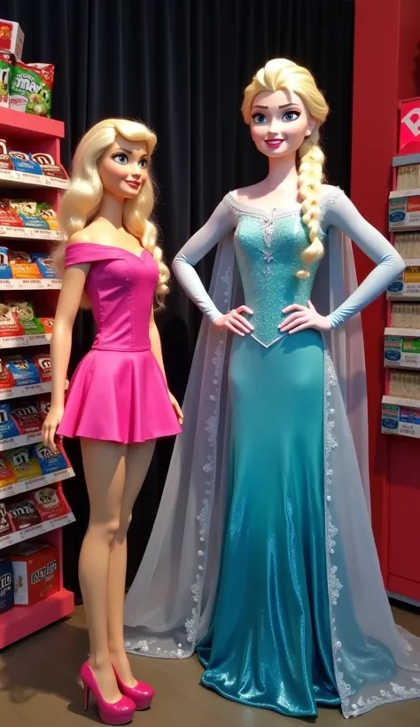 Inside M&M’s World, Giant Elsa and Giant Barbie quickly stand up, placing their hands on their hips in a defiant stance. Elsa is on the right, wearing a long, elegant light blue gown with a flowing cape, and matching blue shoes. Her dress reaches the groun...