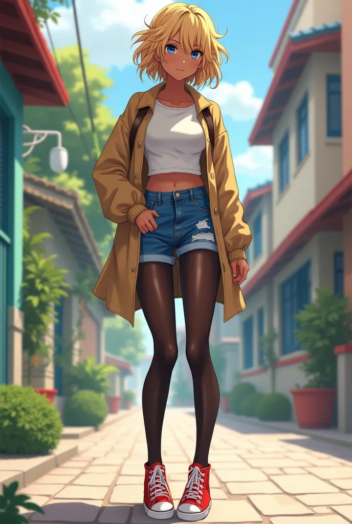 A naughty 16-year-old dark-skinned young woman with sculptural body and perfect legs,  round ass, Short blonde hair slightly wavy and loose schoolgirl coat, short blue jeans shorts,  Transparent black tights , classic red sneakers, Cheeky face, realistic a...