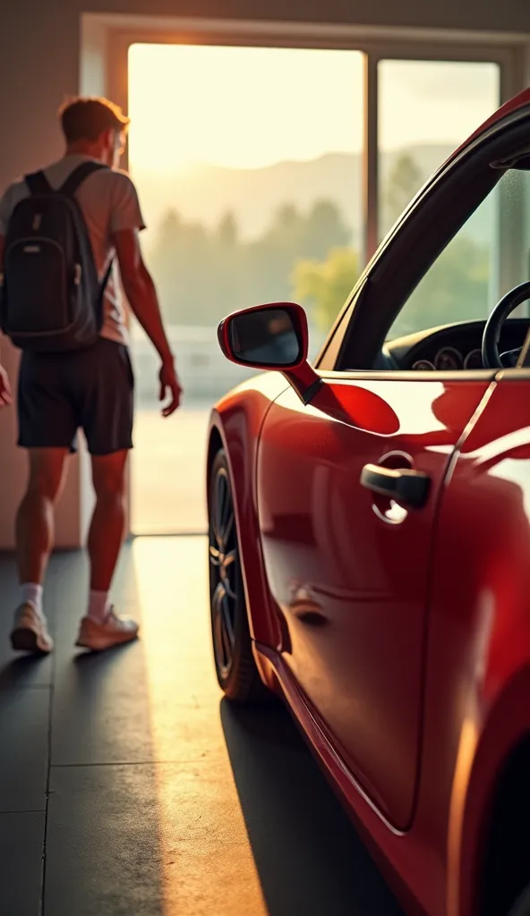 POV: My hands grip the cool metal handle as I pull the heavy gym door open, stepping outside into the bright daylight. The sun reflects off the sleek surface of a red car parked ahead, its polished body gleaming. I walk towards it, my fingers reaching for ...