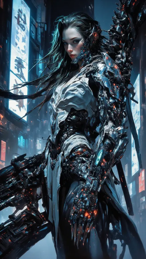 full body, Cyberpunk women，fear ，sci-fi，future，armor，Sexy，long golden hair，Wayne Reynolds draws，in a highly detailed and dynamic style, 