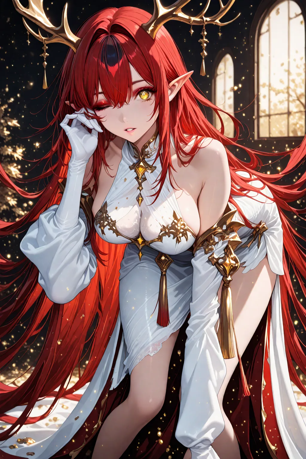 1girl, solo, golden eyes, long hair, looking at viewer, gloves, long sleeves, dress, bare shoulders, very long hair, red hair, multicolored hair, parted lips, detached sleeves, one eye closed, horns, pointy ears, indoors, off shoulder, white dress, makeup,...