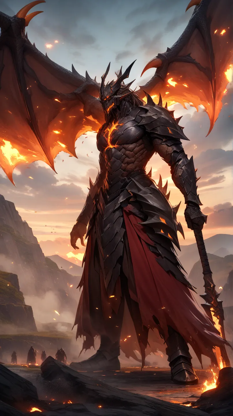 A warlord clad in an infernal fusion of dragonbone and blackened steel, their armor etched with molten runes that flicker like living embers. Their monstrous lance, tipped with an ever-burning flame, glows like the heart of a dying sun. Each movement exude...