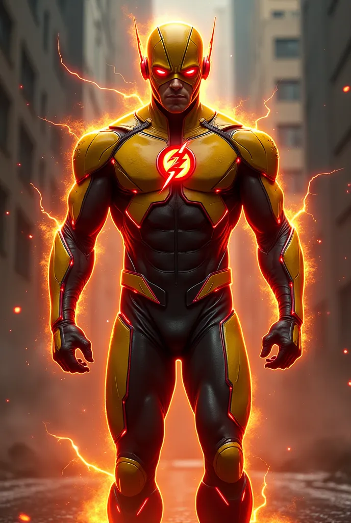 CW Reverse Flash costume plus yellow, with red lines, black parts, Red boots, and bright red eyes 